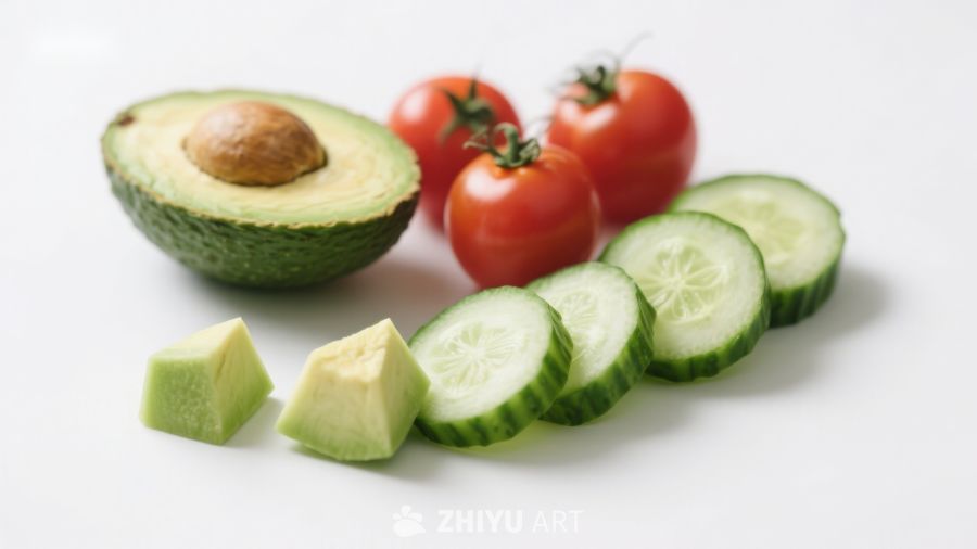新鲜蔬菜切片：牛油果、西红柿和黄瓜 922