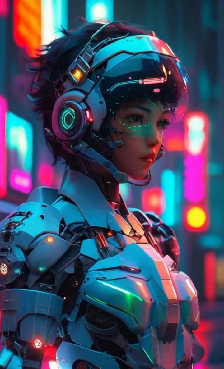 赛博朋克风格机甲女战士，霓虹都市背景