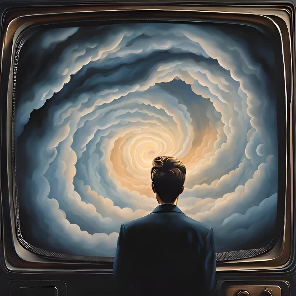 一个穿着深色西装的男人背对着观众，注视着电视屏幕。