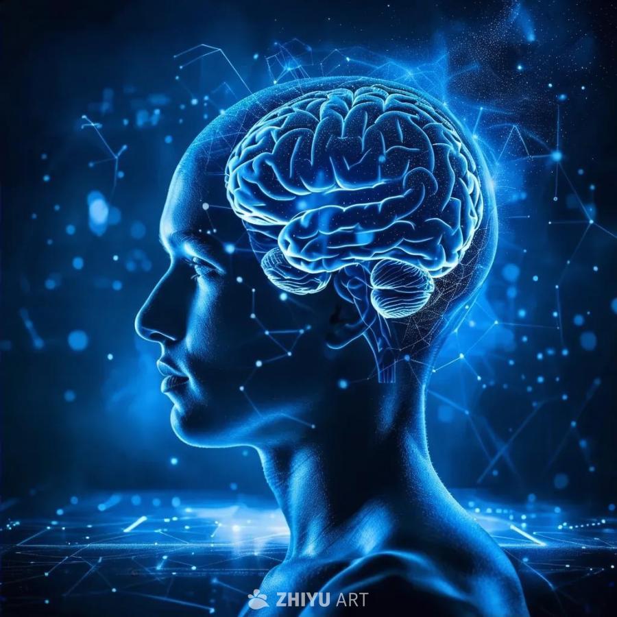 一个蓝色的半身人像，头部位置显示着大脑的轮廓。人物