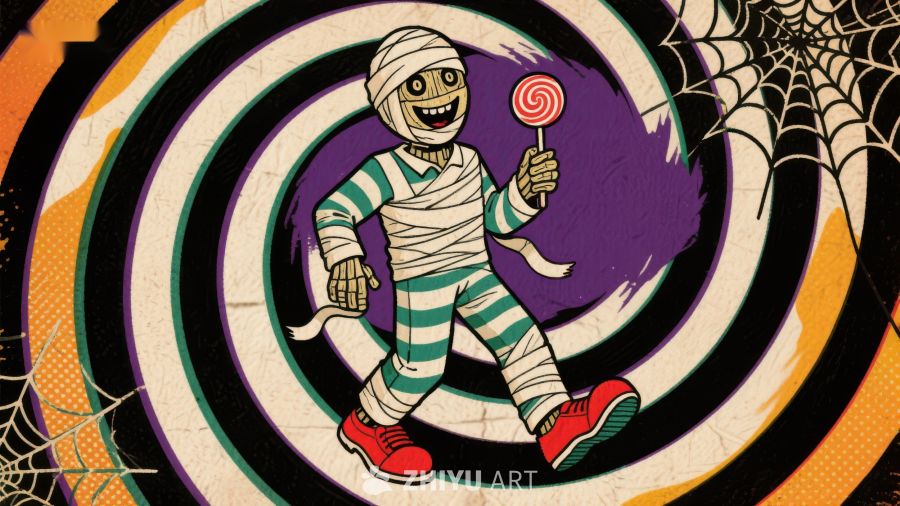 木乃伊手持糖果，置身螺旋背景