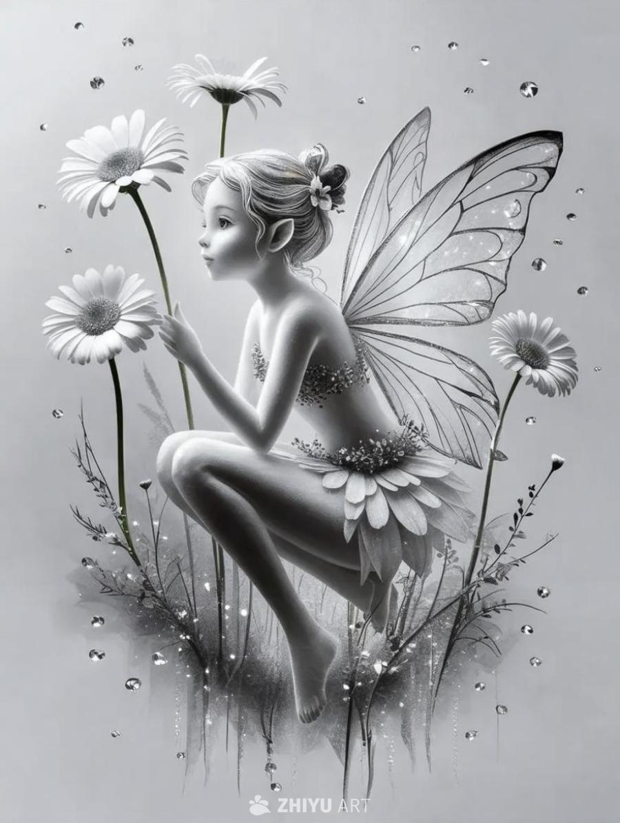 一个身着雏菊花瓣裙子的迷你仙女，坐在白色背景的雏菊