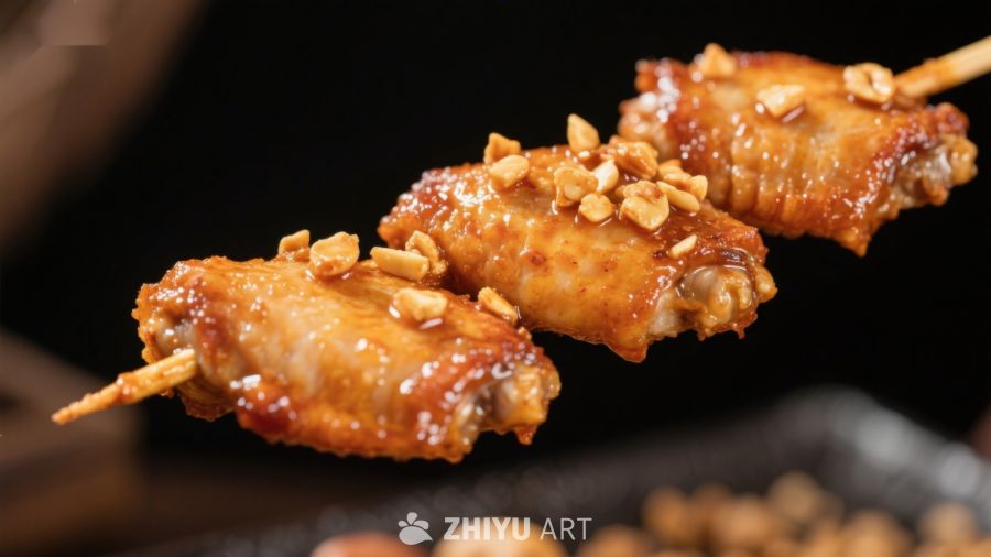 串烤鸡翅配花生，美味诱人