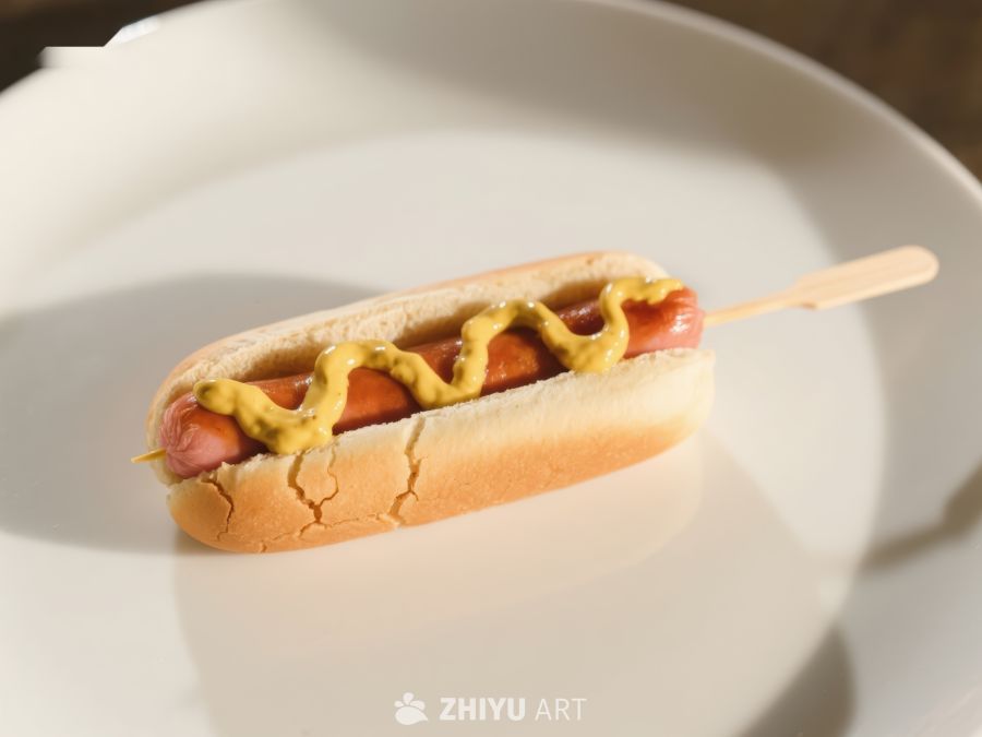 热狗配芥末，插有木签