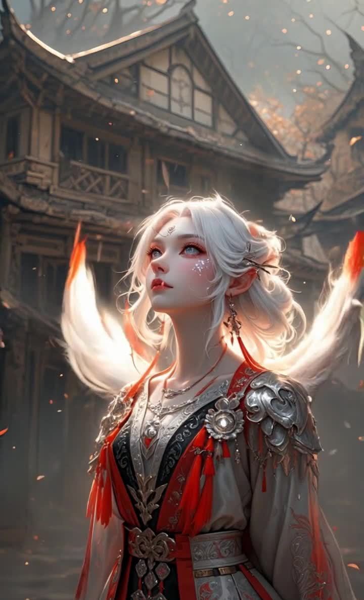 白发红眸精灵少女伫立古风建筑前仰望