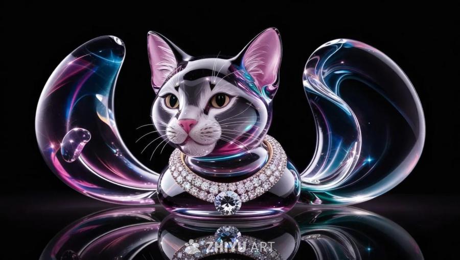 一只精雕细琢、多面切割的吹制玻璃猫，细节精致，可以