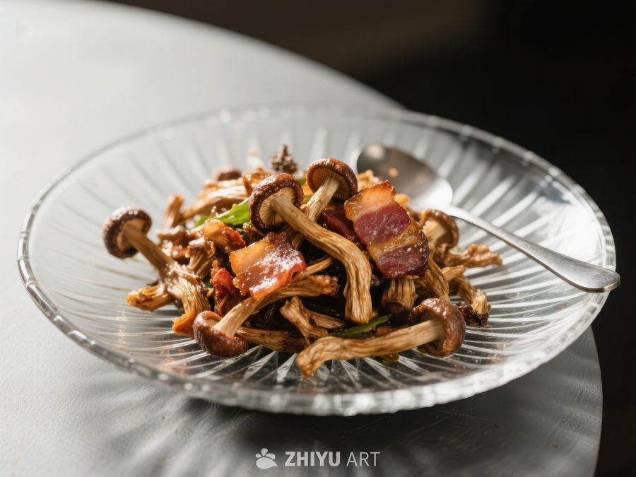 玻璃盘中的蘑菇培根炒菜 20