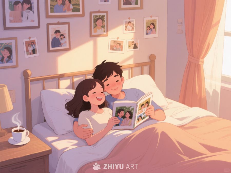 温馨时刻：情侣床上共赏相册 734