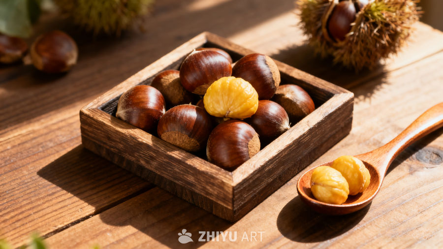 栗子美食摄影木质方形托盘盛放几颗外壳呈深褐色的板栗