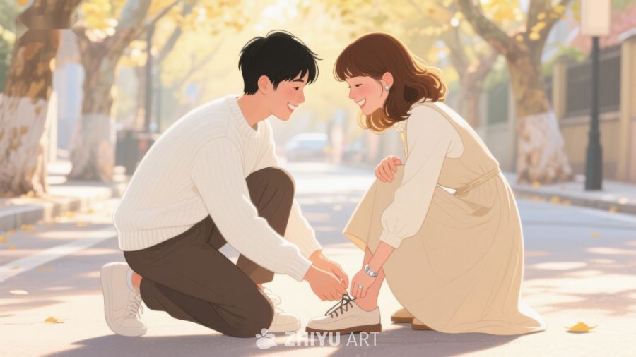 秋日街头，男子为女子系鞋带 268