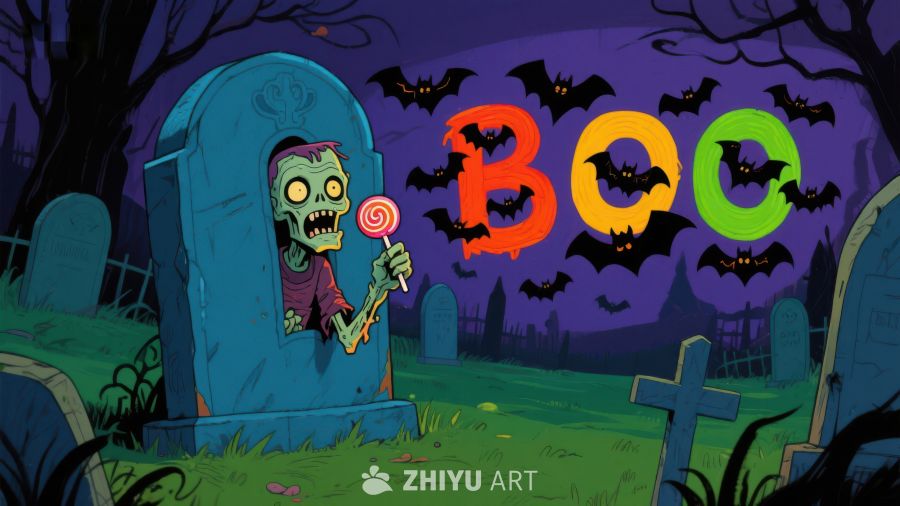 墓地僵尸手持棒棒糖，夜空蝙蝠环绕‘BOO’