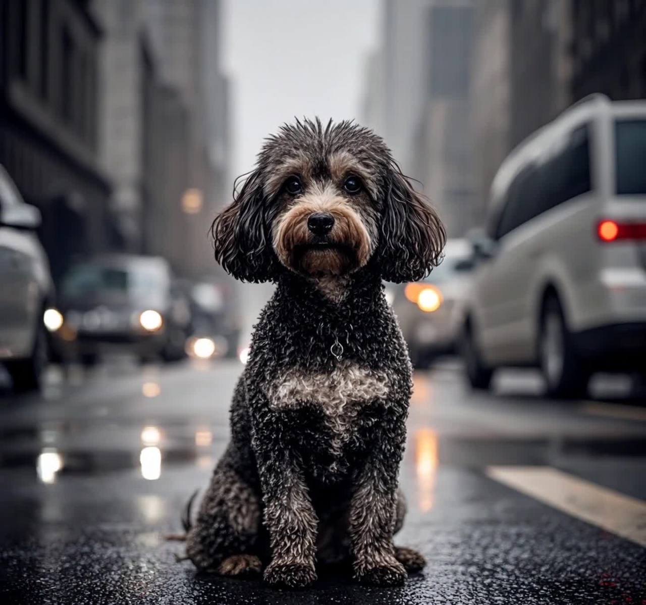雨天城市街道中央的泰迪犬凝视镜头