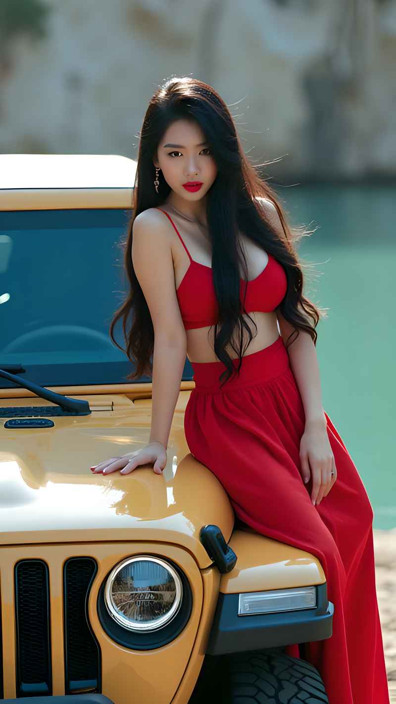 红色美女户外越野车拍照 28