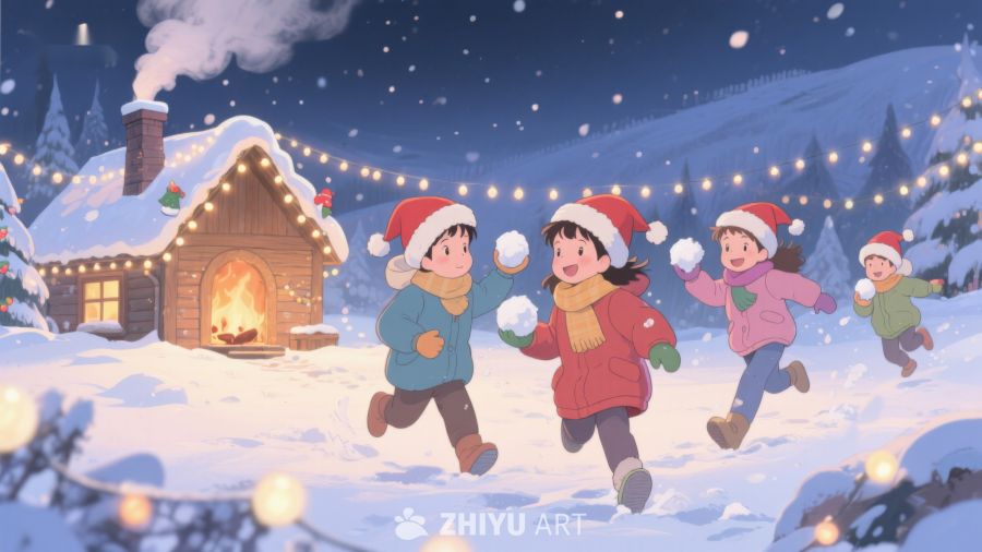 冬夜雪地中的欢乐儿童 102