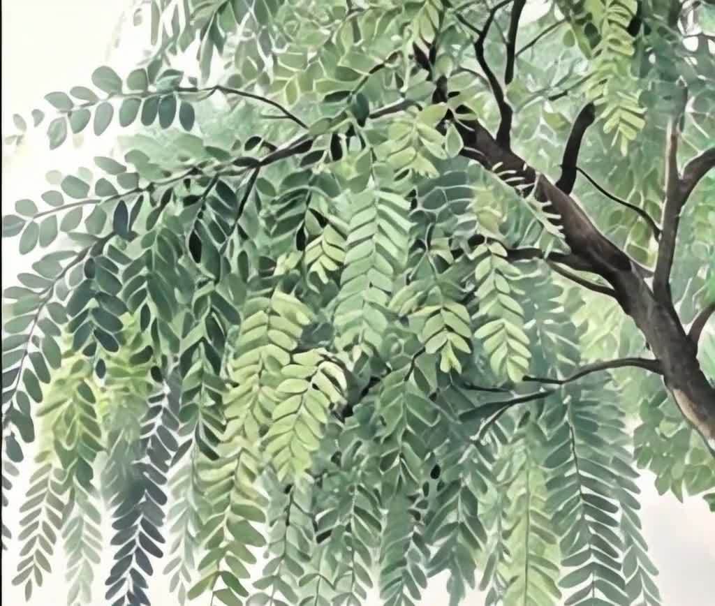 水彩风格的垂柳，枝叶繁茂，色彩柔和清新