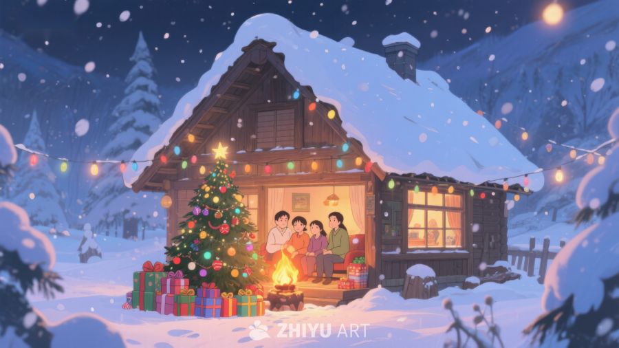 雪夜温馨小屋，家人围炉共庆圣诞 430