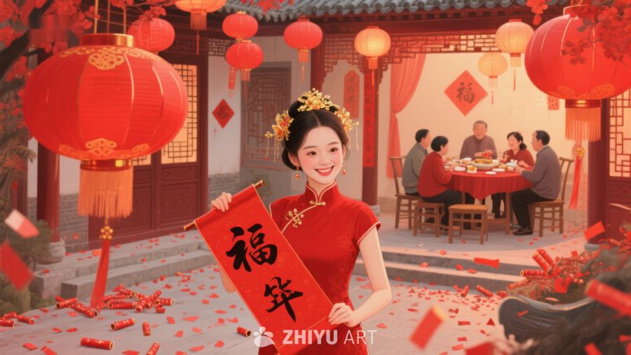 新春佳节，女子手持福字迎喜庆 1016