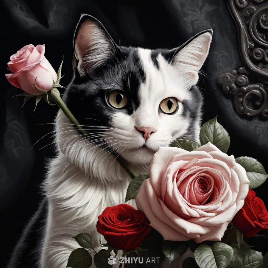 一只黑白相间的猫，它的嘴里叼着一朵粉色的玫瑰花，周