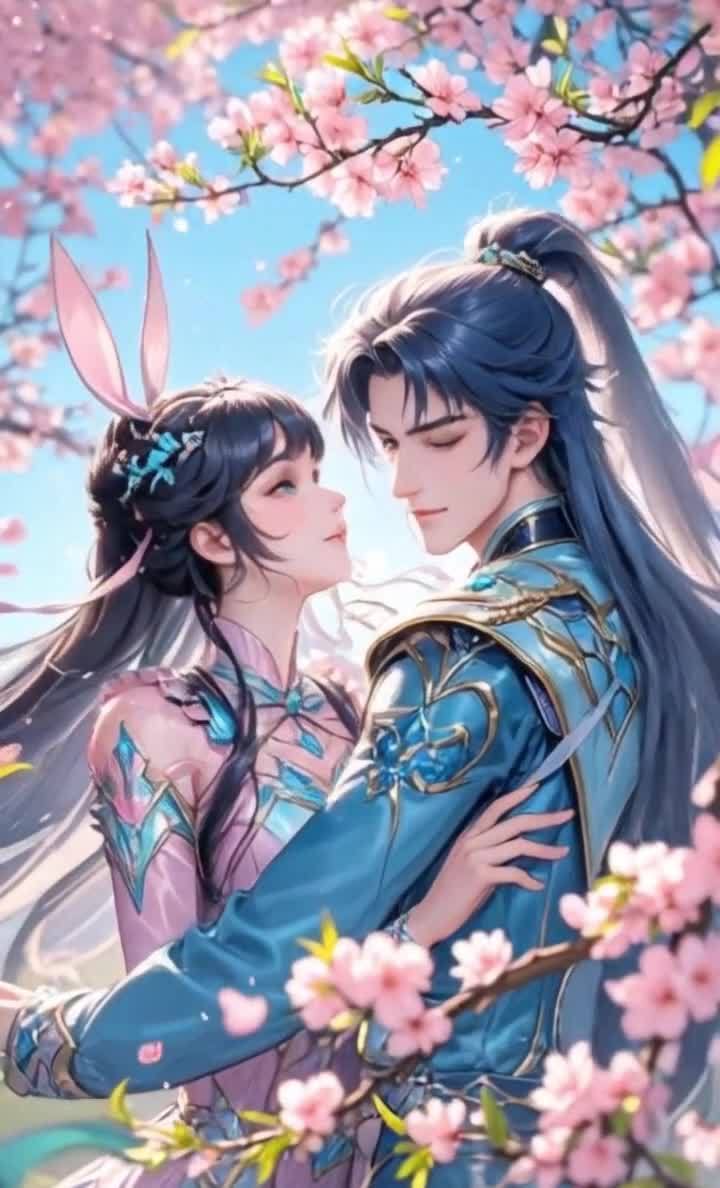 樱花树下，兔子少女与蓝衣男子甜蜜依偎