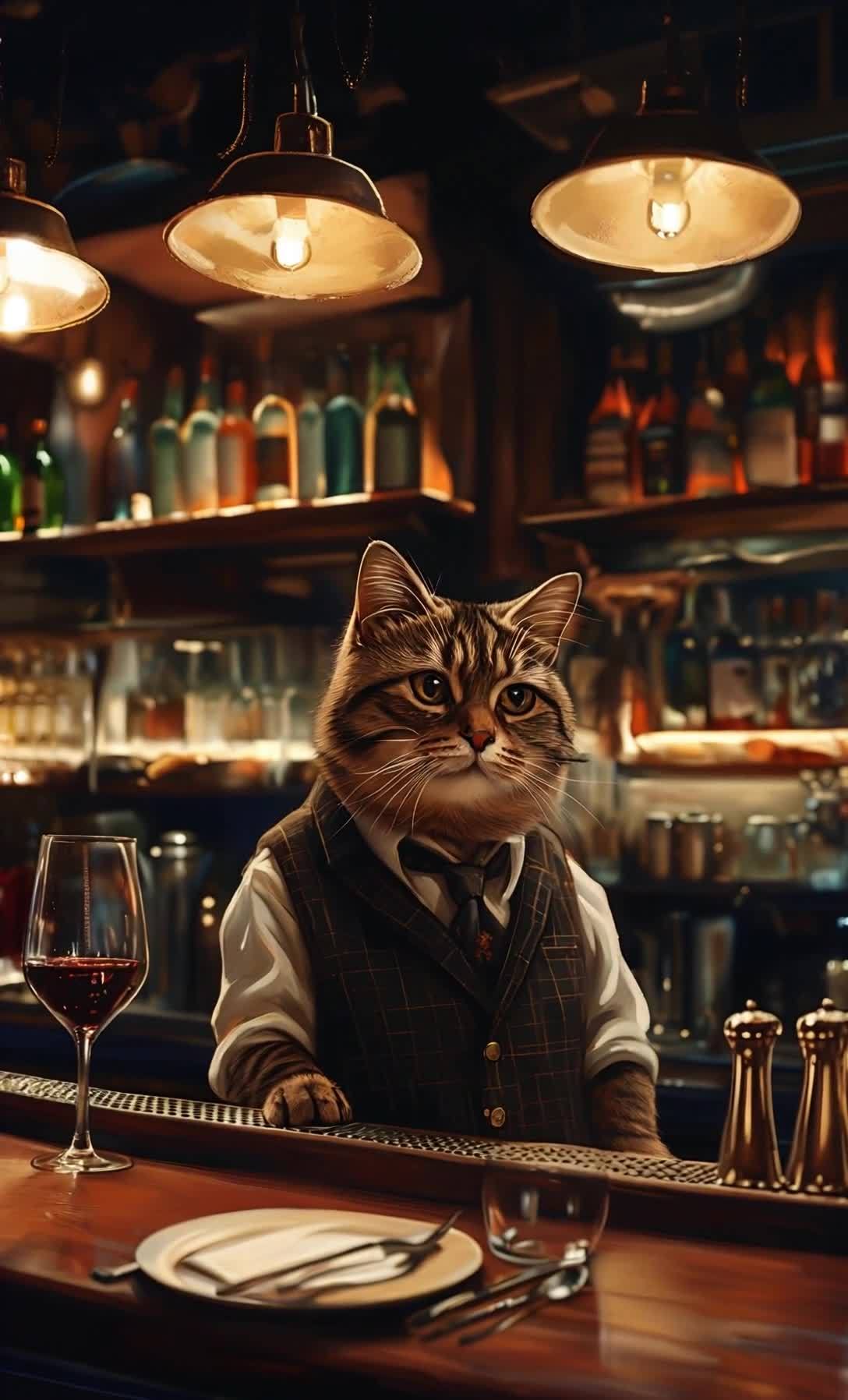 猫咪服务生在酒吧，穿着马甲和领带等待。