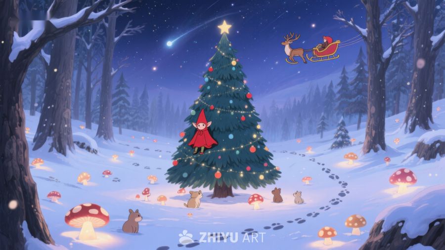 冬夜森林中的圣诞树与雪橇 43