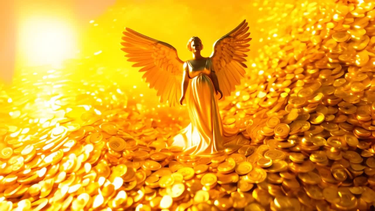 一个金色的天使站在一大堆闪闪发光的金币和金条中。镜