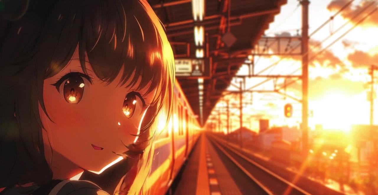 夕阳车站少女凝视远方，列车轨道延伸光影朦胧。