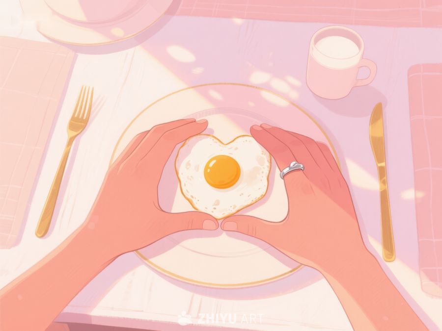 双手捧着心形煎蛋的温馨早餐 669