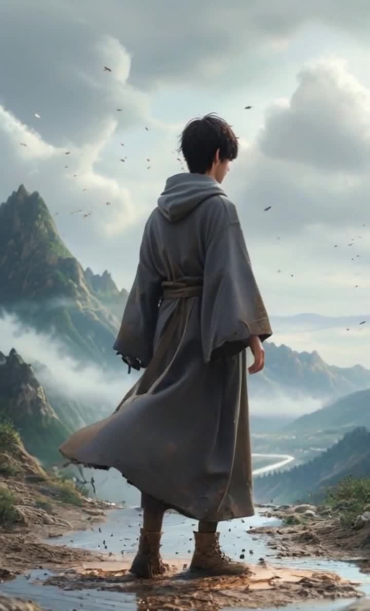 山间水畔的旅者：灰色长袍，眺望云雾缭绕的远山