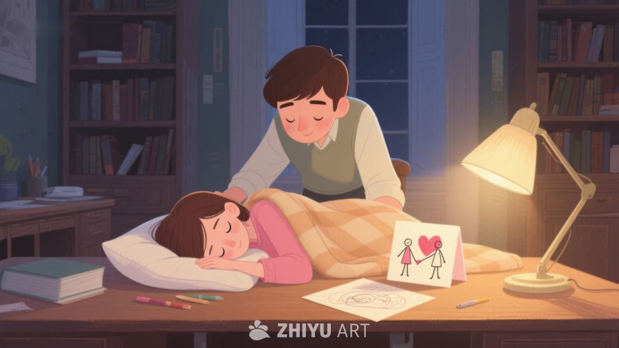 温馨夜景：男孩为女孩盖毯子 480