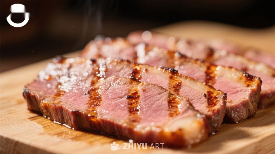 烤牛肉片，热气腾腾，摆放在木板上