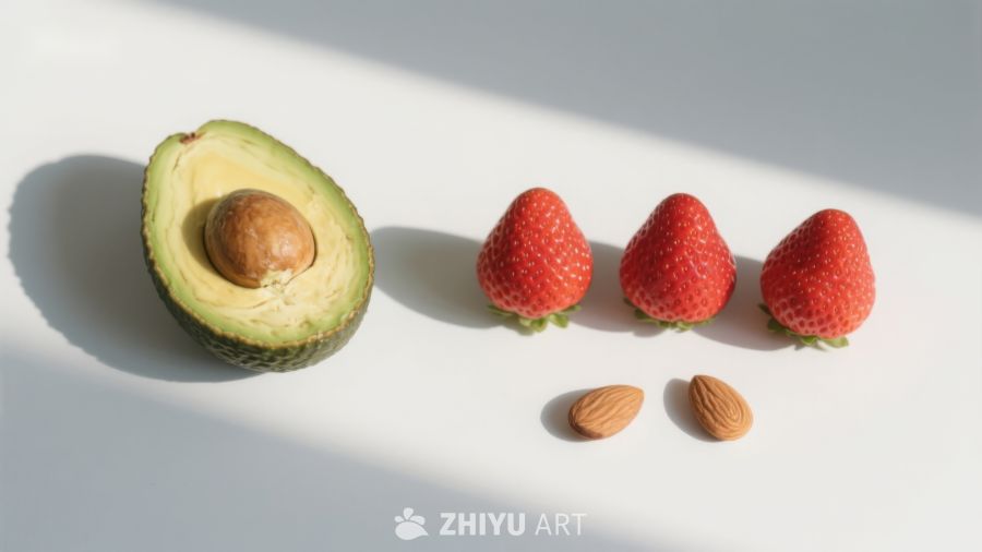 半个牛油果与三颗草莓及两颗杏仁的静物图