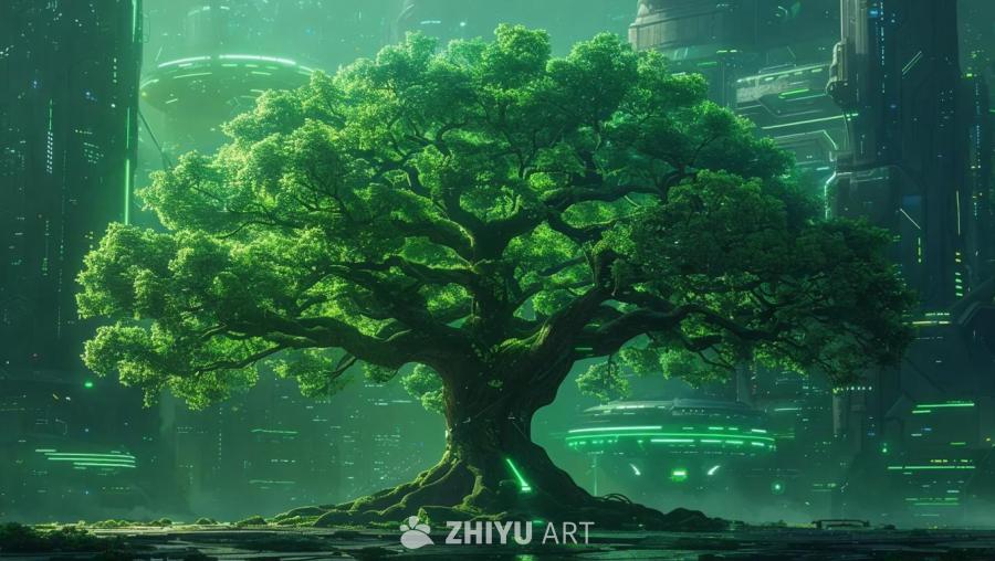 一棵绿色的橡树位于赛博朋克风格的城市景观中。背景中