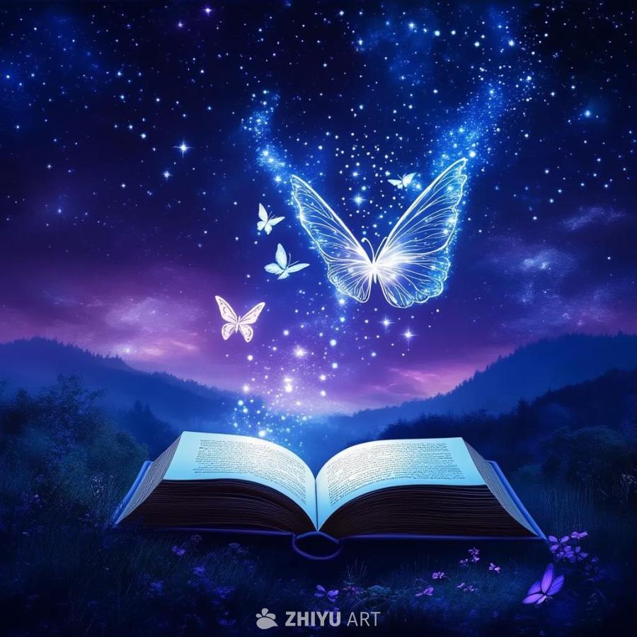 蓝色和紫色渐变色的星空中漂浮着一本打开的书。从书中