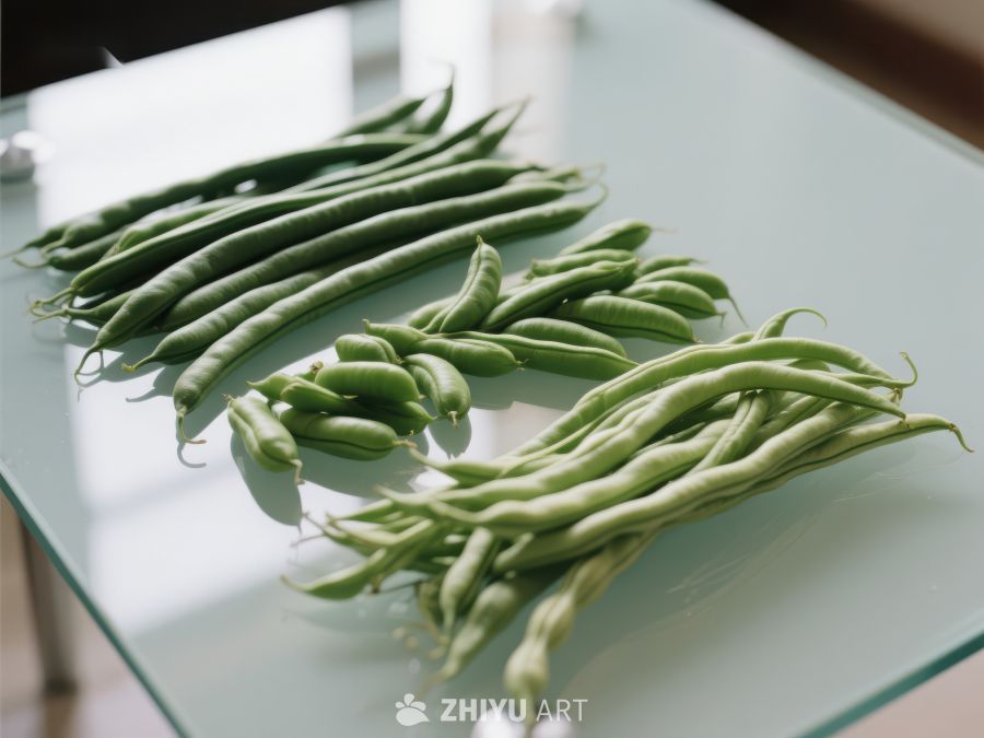 新鲜绿色豆角整齐排列于玻璃桌面 471