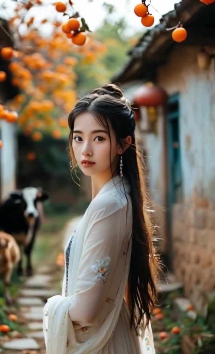 一位年轻女子站在一条小路上，她有着深色的头发，一部