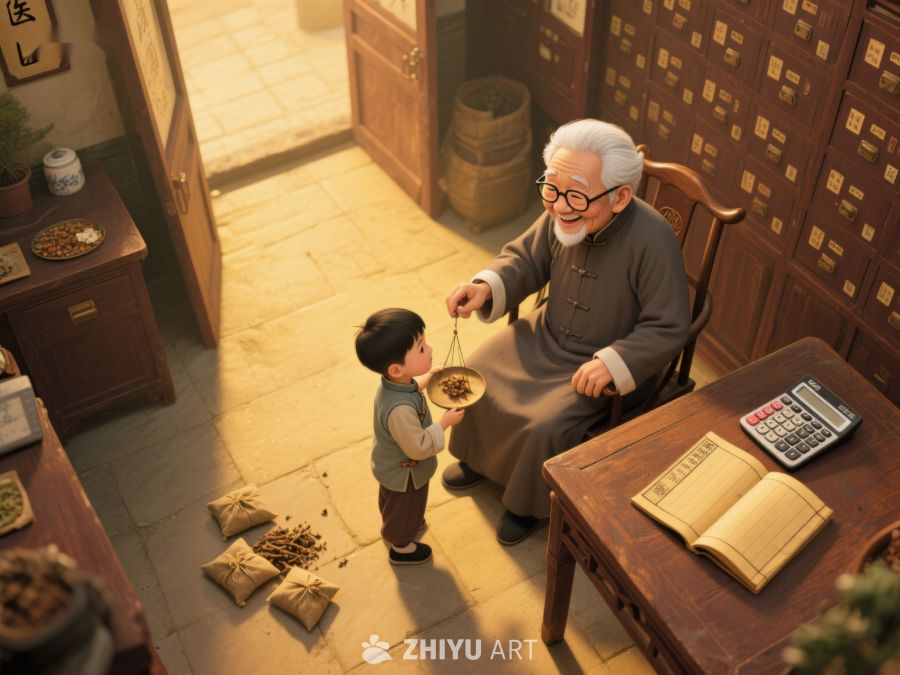 老人与小孩在中药铺互动 238