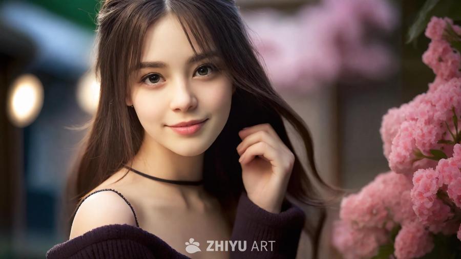 一个皮肤白皙的女孩，身穿粉色连衣裙，在花园里欣赏鲜