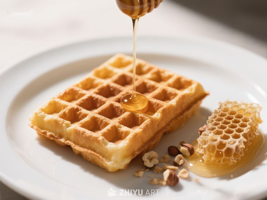 蜂蜜浇灌在金黄松脆的华夫饼上