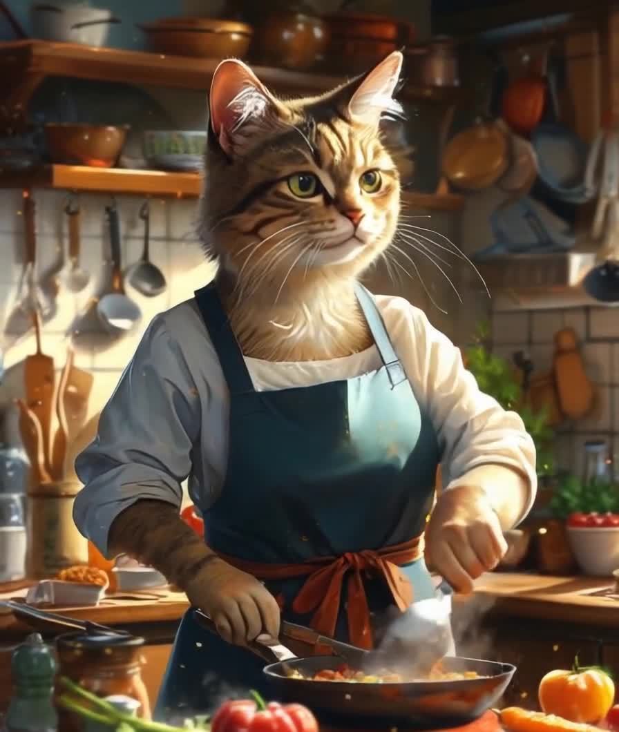 一只猫的头戴着厨师帽，穿着围裙，站在厨房里。猫咪正
