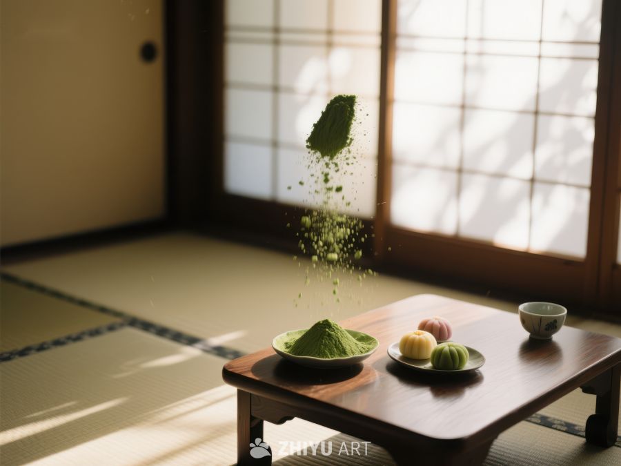 抹茶粉末飞扬的宁静日式茶室
