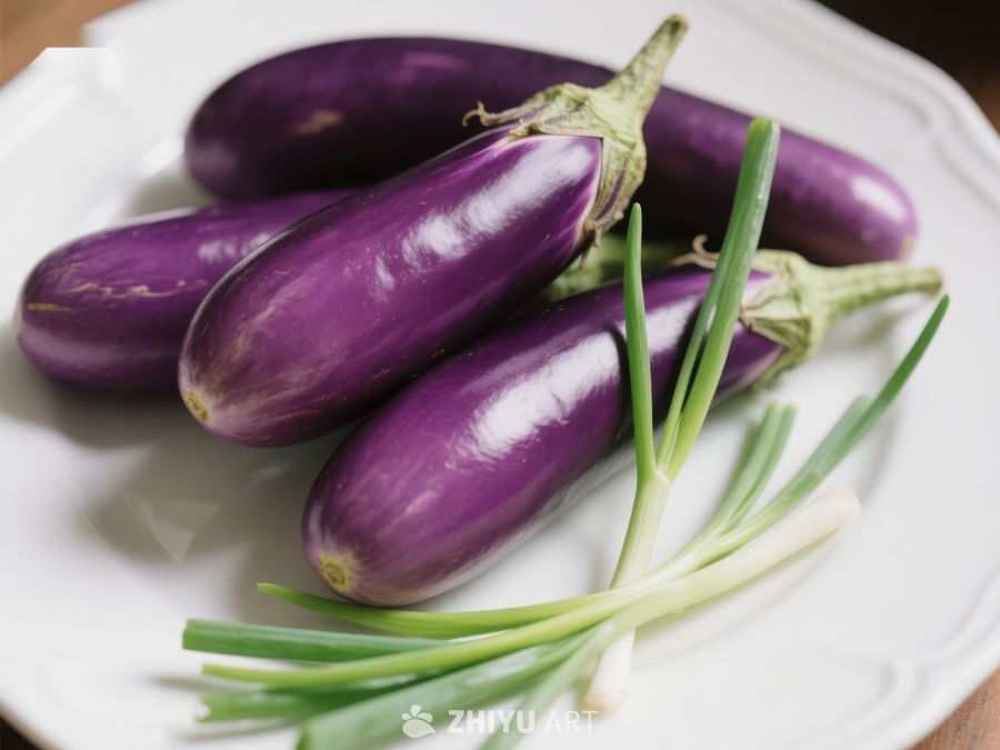 新鲜茄子与青葱的静物组合 581