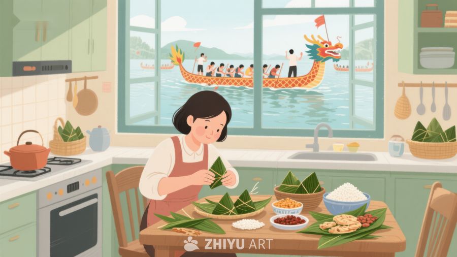 厨房包粽子，窗外龙舟赛 8
