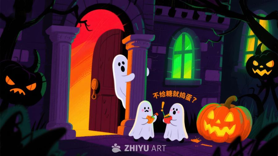 万圣节幽灵讨糖，南瓜灯照亮夜空