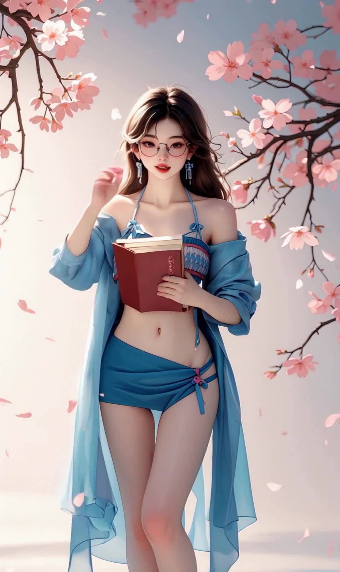 戴眼镜的女孩在樱花树下读书的唯美意境