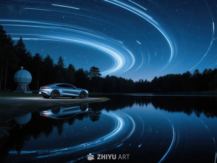 夜景湖畔汽车与星空轨迹 523