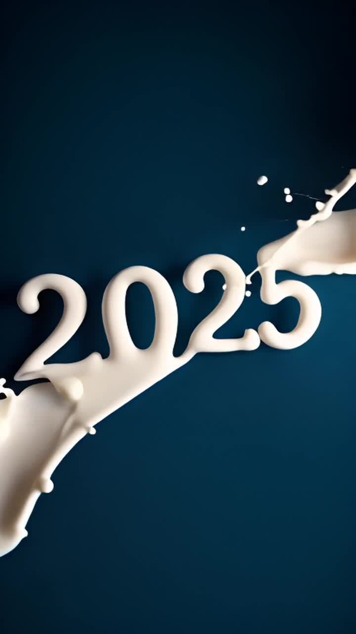 白色液体飞溅，在深蓝色背景上汇聚成数字2025。
