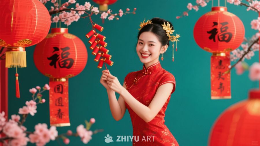 女子身着红裙手持鞭炮庆祝春节 685