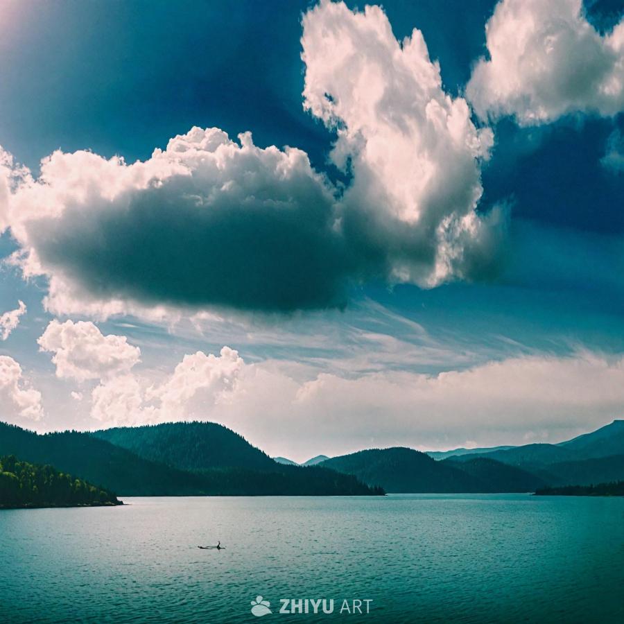一片宁静的风景，有一个大型水域，可能是湖泊，周围环