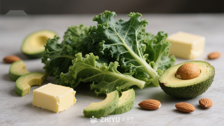 新鲜绿叶蔬菜与坚果黄油组合